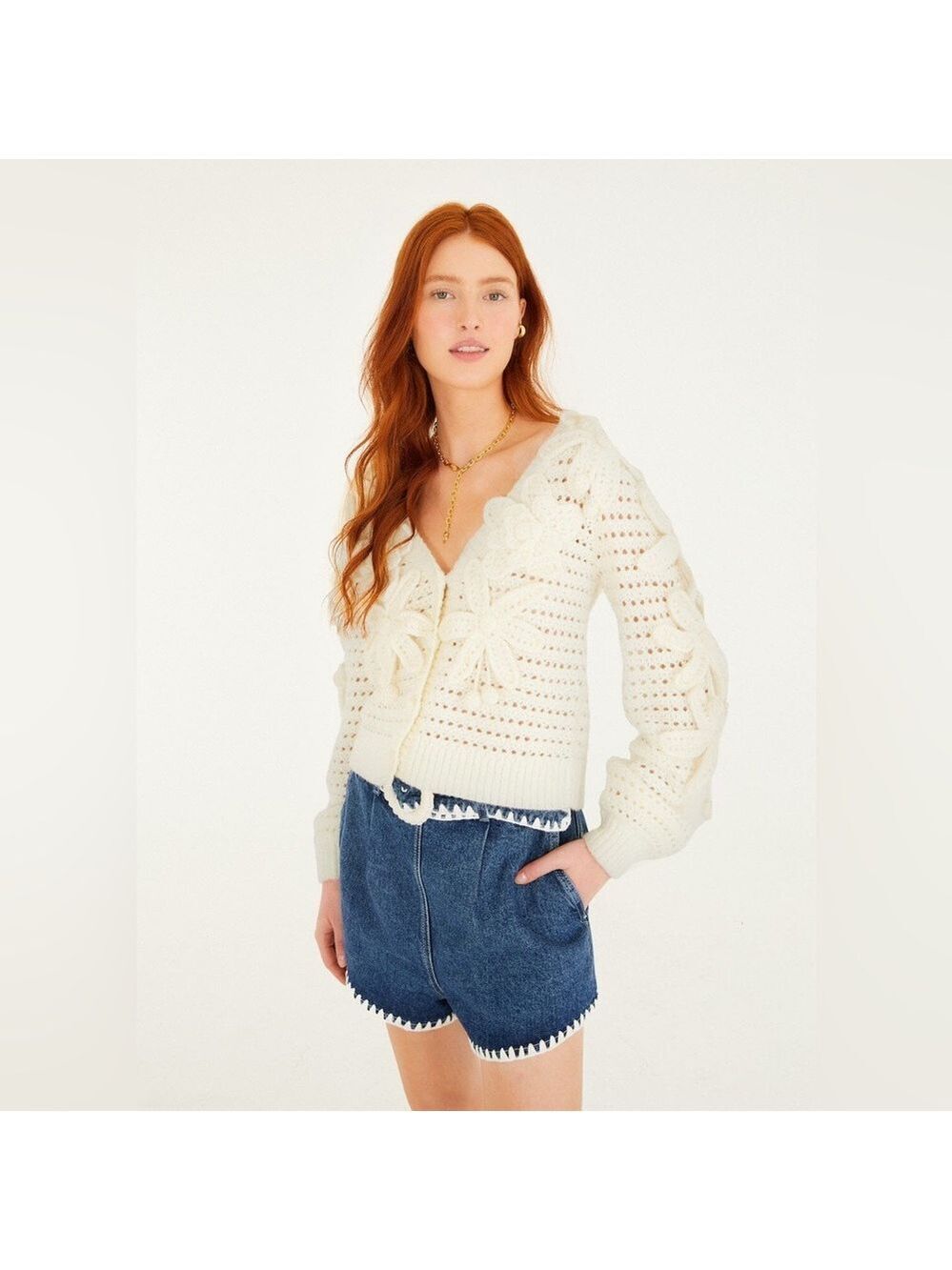 Farm Rio Off-White Crochet 3d Flowers Knit Cardigan